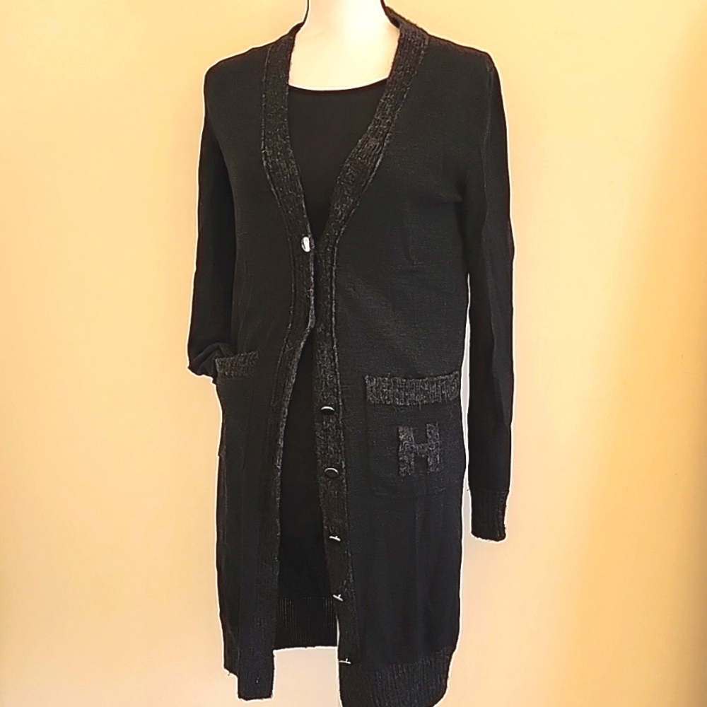 Rare! HERMES H Letter Cardigan Sweater Wool Alpaca Size 36 Small Black Gray